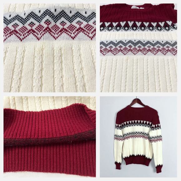Vintage Maroon Cream Fair Isle Acrylic Knit Pullover Sweater Sz Small - Picture 5 of 14